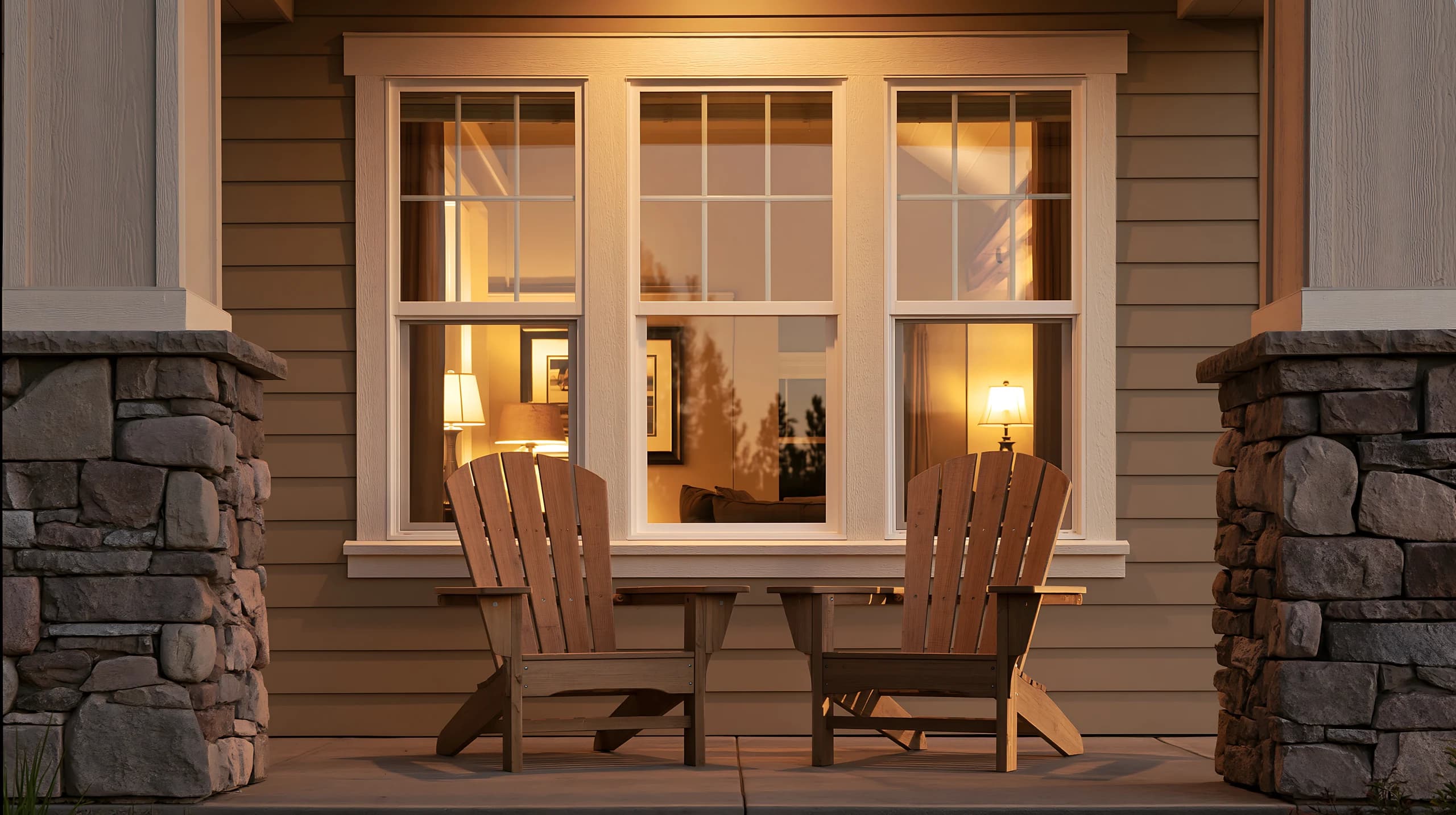 Two Adirondack chairs on a welcoming porch with warmly lit windows